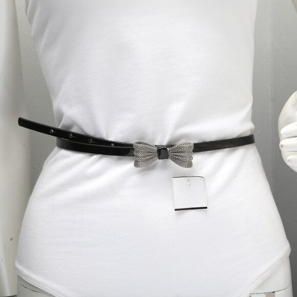 Faux Patent Leather Skinny Belt Metal Bow Mesh Black Glossy Party Y2K Retro - Picture 5 of 9